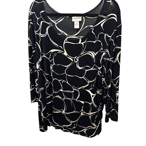 Chico's Travelers Black Beige Abstract Floral Tunic Top Size 3 - Picture 2 of 7